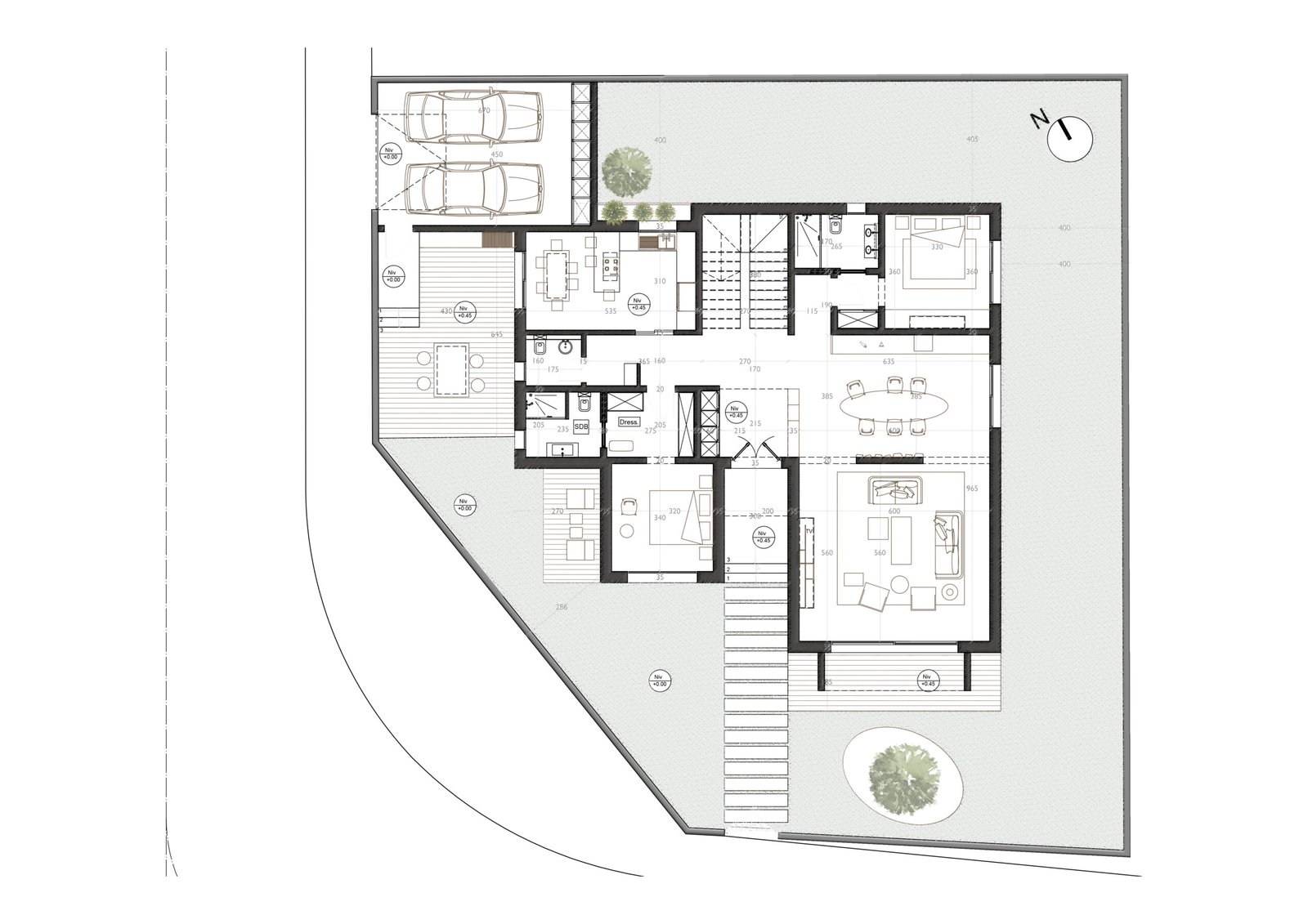 Plan d'architecte 2D de rez-de-chaussée pour l'agencement d'espace et la modélisation 3D