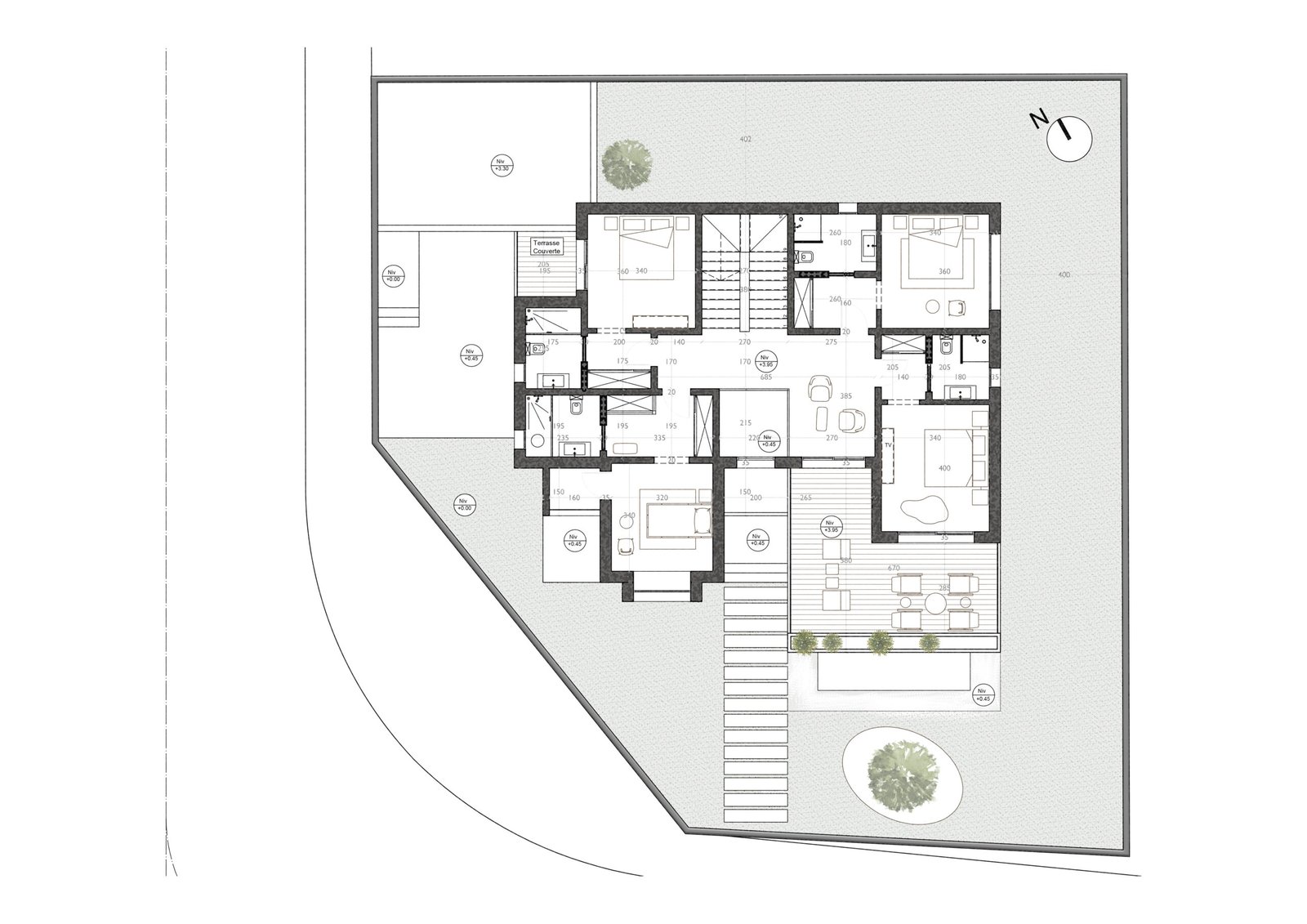 Plan d'architecte 2D de rez-de-chaussée pour l'agencement d'espace et la modélisation 3D