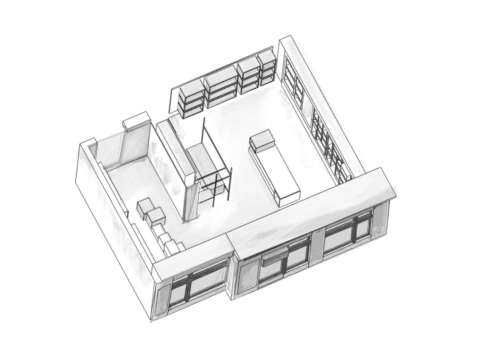 Modélisation SketchUp axonométrique d'un espace commercial pour une boutique moderne.