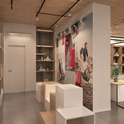 Rendu 3D photoréaliste de l'agencement d'espace et du design intérieur d'un espace commercial pour une boutique moderne.